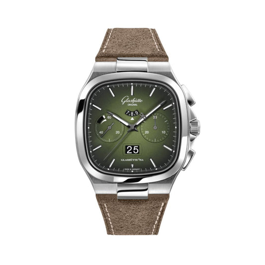 Glashuette Original Seventies Chronograph Panorama Date 40 mm Fab Green Dial Stainless Steel   Strap, Brown 1-37-02-09-02-62
