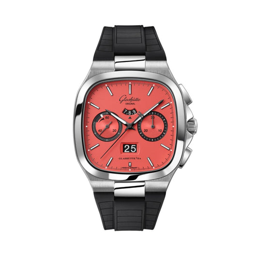 Glashuette Original Seventies Chronograph Panorama Date 40 mm Zany Pink Dial Stainless Steel Rubber Strap, Black 1-37-02-17-02-63