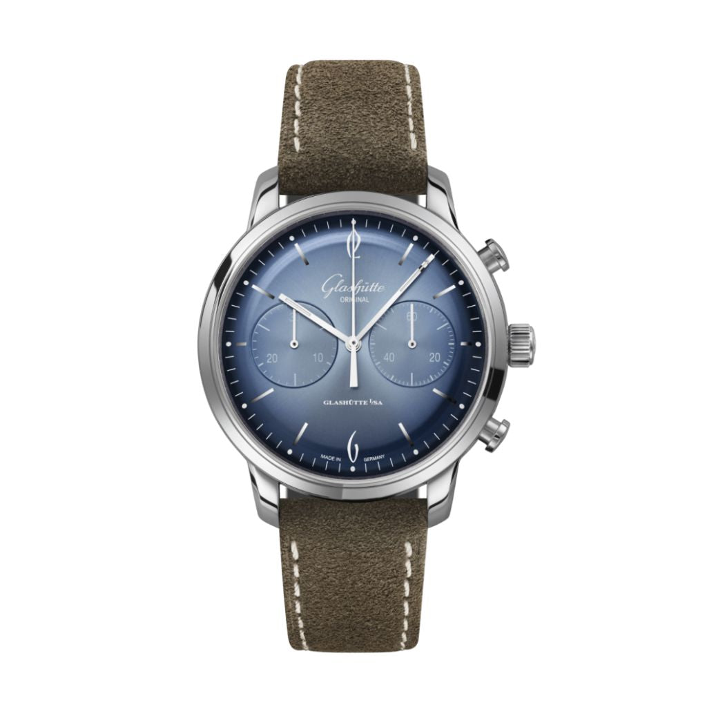 Glashuette Original Sixties Chronograph Annual Edition 42 mm Blue Dial Stainless Steel   Strap, Brown 1-39-34-04-22-04