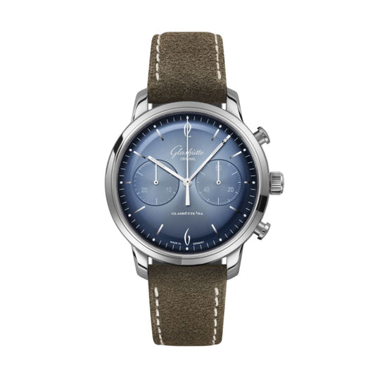 Glashuette Original Sixties Chronograph Annual Edition 42 mm Blue Dial Stainless Steel   Strap, Brown 1-39-34-04-22-04