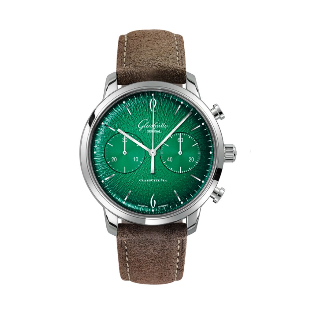 Glashuette Original Sixties Chronograph Annual Edition 42 mm Green Dial Stainless Steel   Strap, Brown 1-39-34-05-22-04