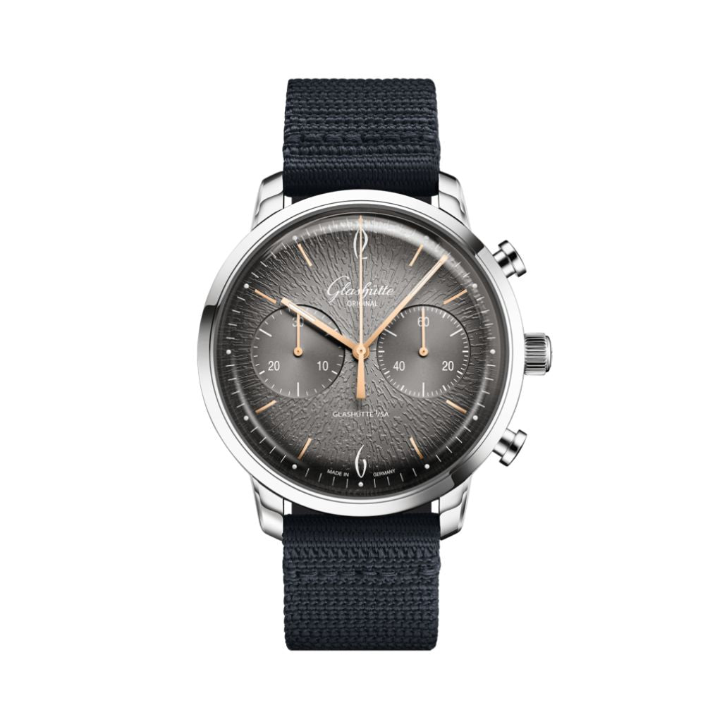 Glashuette Original Sixties Chronograph Annual Edition 42 mm Grey Dial Stainless Steel Synthetic Strap, Blue 1-39-34-06-22-04