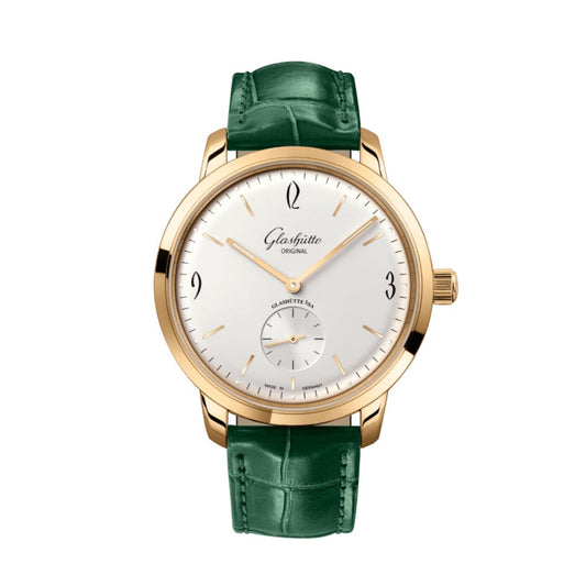 Glashuette Original Sixties Small Second 42 mm Silver Dial Rose Gold Louisiana   Leather Strap, Green 1-39-60-01-01-04
