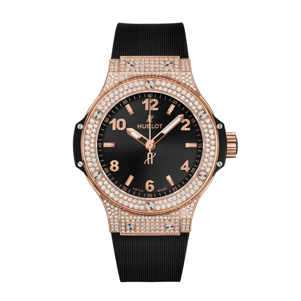 HUBLOT Big Bang Gold Pavé 38 mm Black Dial with Diamonds Polished 18K 5N Gold Rubber Strap 361.PX.1280.RX.1704