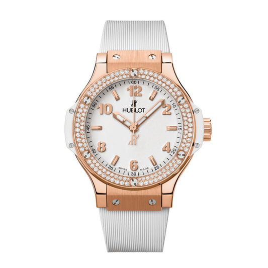 HUBLOT Big Bang Gold White Diamonds 38 mm White Dial Polished 18K 5N Gold Rubber Strap 361.PE.2010.RW.1104