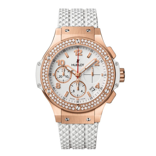 HUBLOT Big Bang Gold White Diamonds 41 mm White Dial Polished 18K 5N Gold Rubber Strap 341.PE.230.RW.114