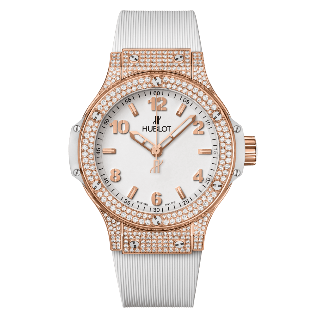HUBLOT Big Bang Gold White Pavé 38 mm White Dial with Diamonds Polished 18K 5N Gold Rubber Strap 361.PE.2010.RW.1704