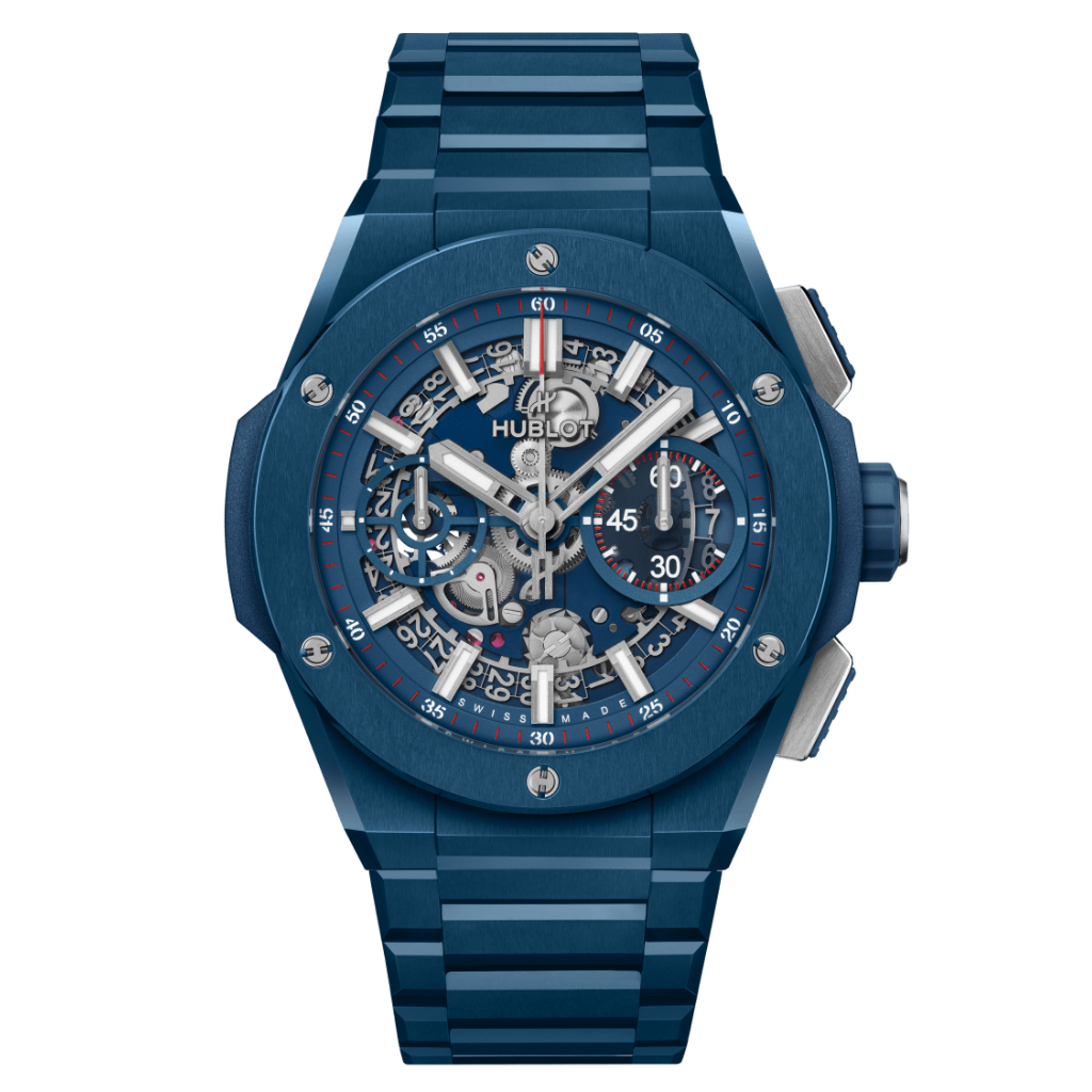 HUBLOT Big Bang Integrated Blue Ceramic 42 mm Transparent Dial Polished Blue Ceramic Bracelet 451.EX.5123.EX