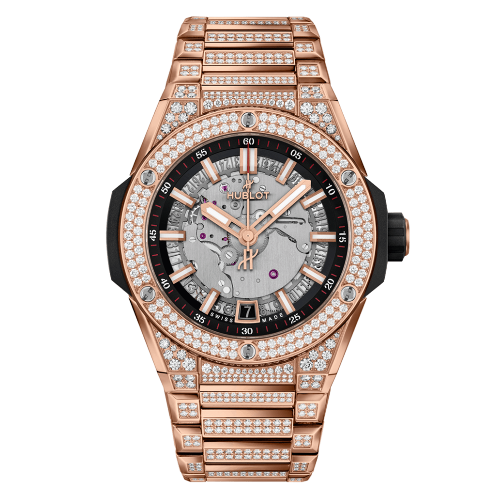 Hublot Big Bang Integrated Time Only King Gold Pavé 40 mm Silver Dial with Diamonds Polished 18k King Gold Bracelet 456.OX.0180.OX.3704