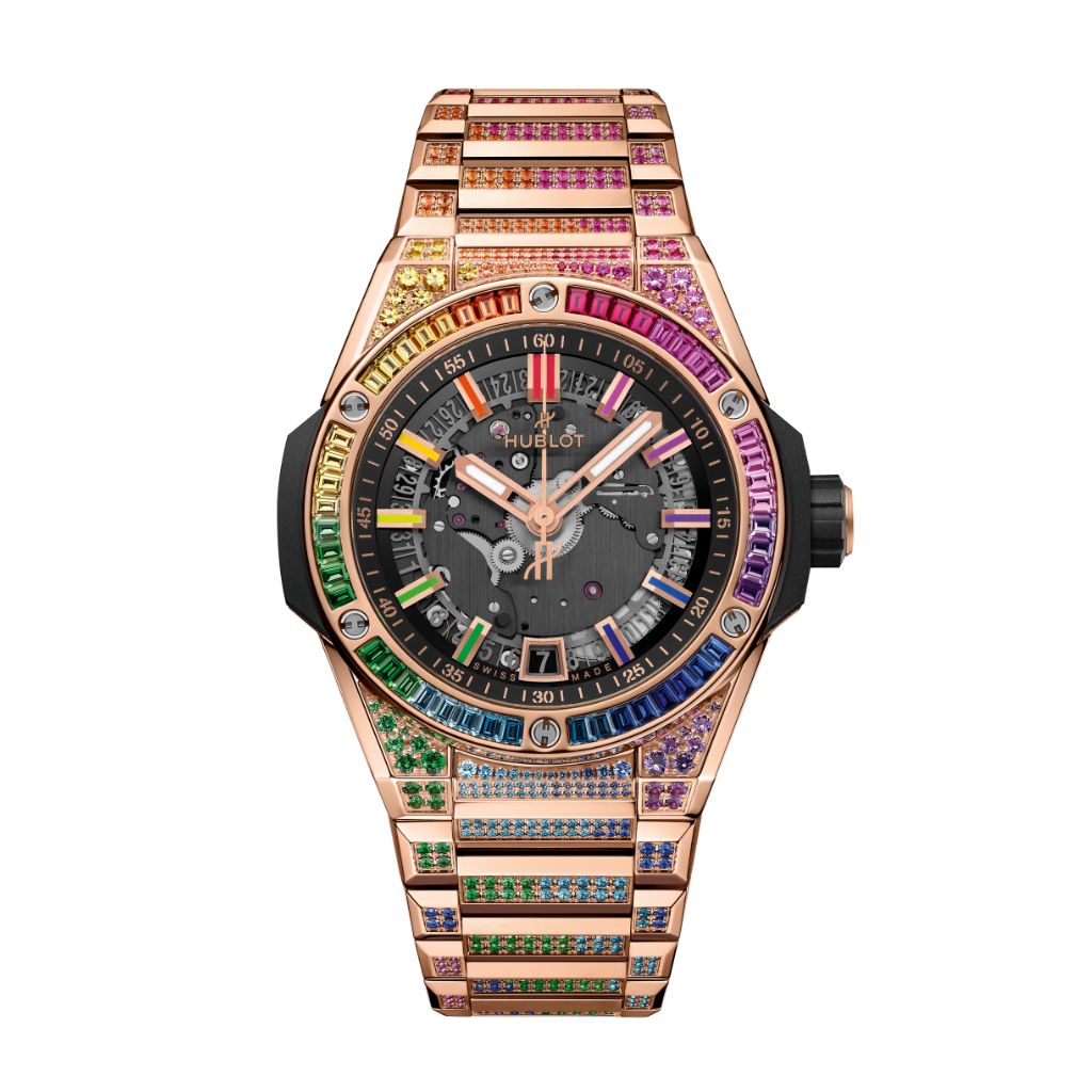 HUBLOT Big Bang Integrated Time Only King Gold Rainbow 40 mm Transparent Dial with Diamonds Polished 18K King Gold Bracelet 456.OX.0180.OX.3999