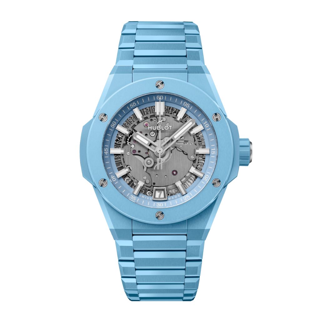 HUBLOT Big Bang Integrated Time Only Sky Blue Ceramic 40 mm Transparent Dial Polished Sky Blue Ceramic Bracelet 456.EX.5120.EX