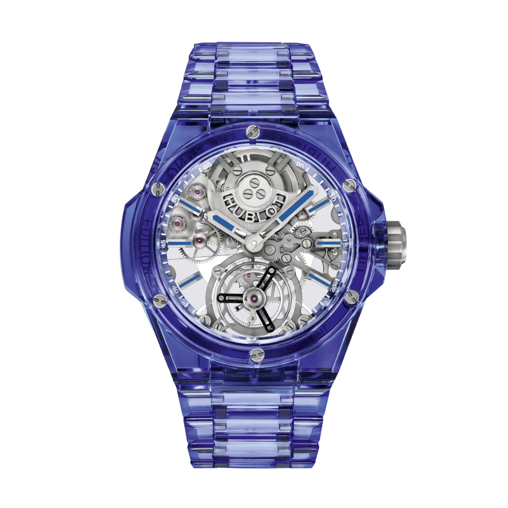 Hublot Big Bang Integrated Tourbillon Full Blue Sapphire 43 mm Transparent Dial Polished Blue Sapphire Crystal Bracelet 455.JL.0120.JL