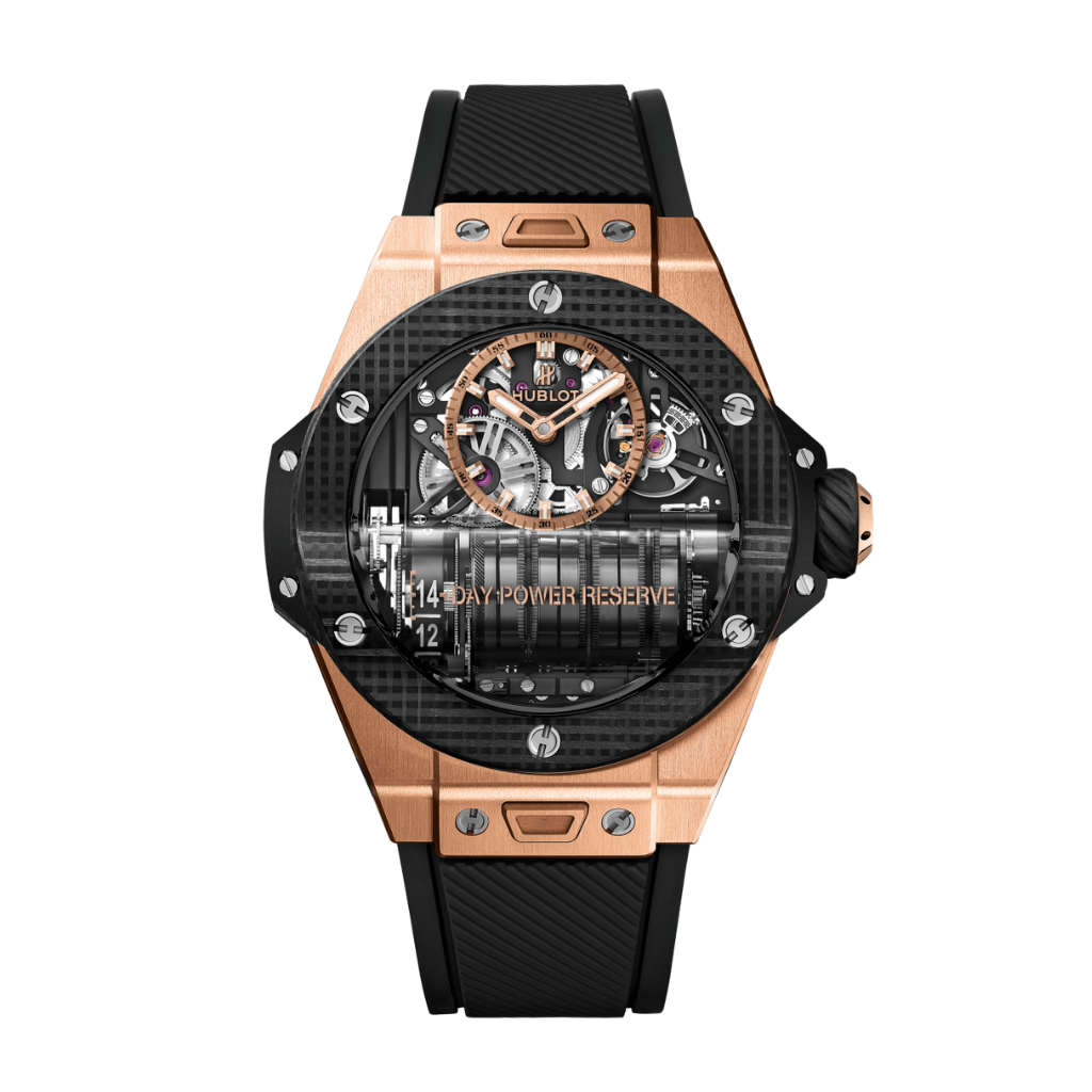 Hublot Big Bang MP-11 Power Reserve 14 Days King Gold 3D Carbon 45 mm Transparent Dial Polished 18K King Gold Rubber Strap 911.OQ.0118.RX