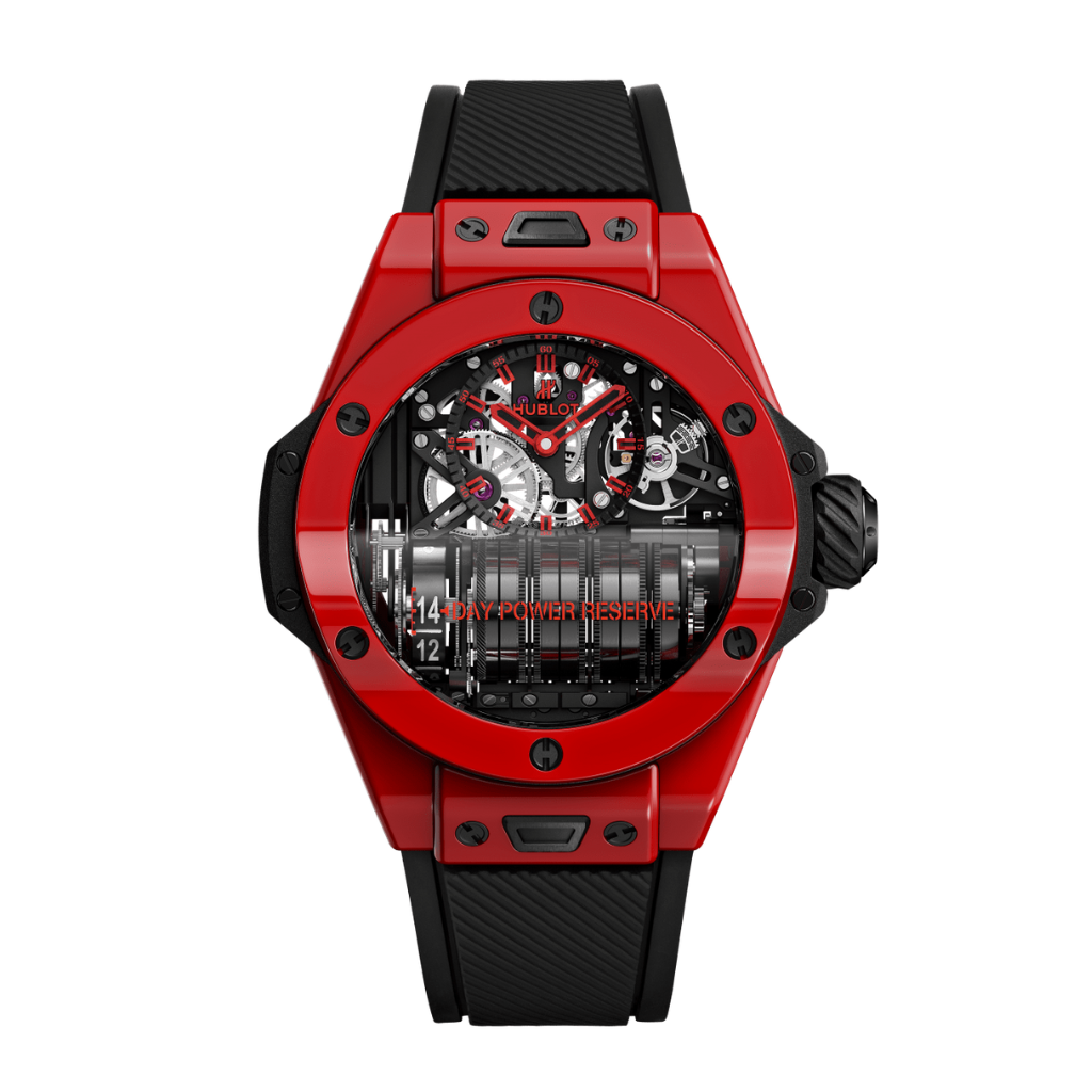 Hublot Big Bang MP-11 Power Reserve 14 Days Red Magic 45 mm Transparent Dial Polished Red Ceramic Rubber Strap 911.CF.0113.RX