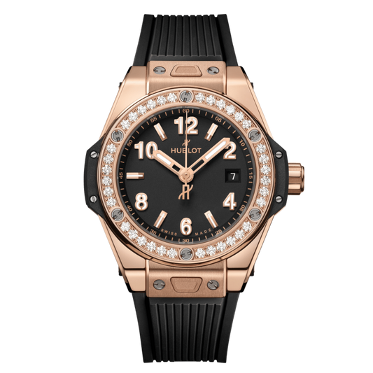 Hublot Big Bang One Click King Gold Diamonds 33 mm Black Dial with Diamonds Polished 18K King Gold Rubber Strap 485.OX.1180.RX.1204