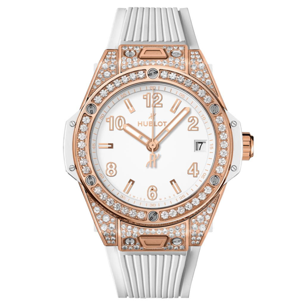 Hublot Big Bang One Click King Gold White Pavé 39 mm White Dial with Diamonds Polished 18K King Gold Rubber Strap 465.OE.2080.RW.1604
