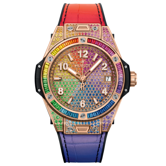 Hublot Big Bang One Click Rainbow King Gold 39 mm Diamond Paved Dial Polished 18K King Gold   Leather Strap 465.OX.9900.LR.0999