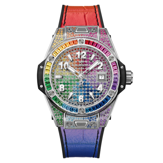 Hublot Big Bang One Click Steel Rainbow 33 mm Diamond Paved Dial Polished Stainless Steel   Leather Strap 485.SX.9900.LR.0999