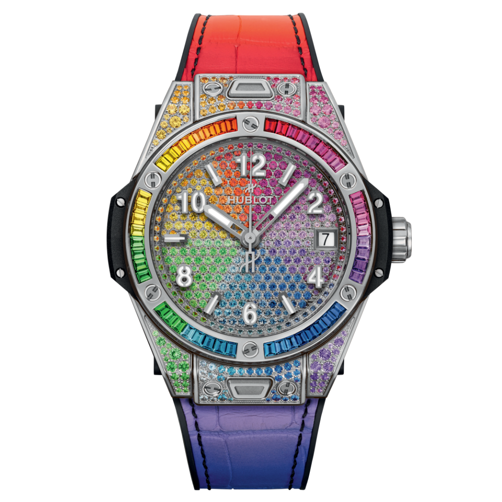 Hublot Big Bang One Click Steel Rainbow 39 mm Diamond Paved Dial Polished Stainless Steel   Leather Strap 465.SX.9900.LR.0999
