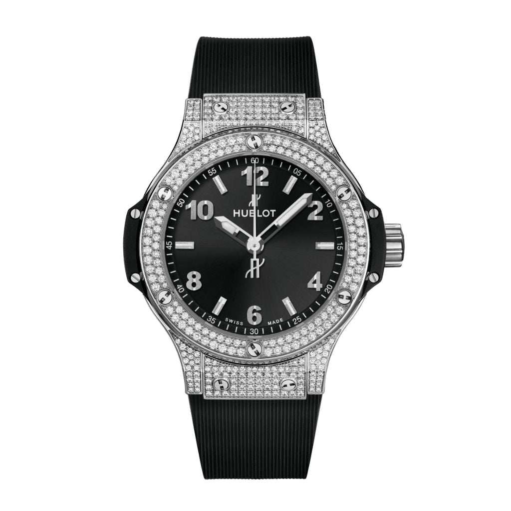 HUBLOT Big Bang Steel Pavé 38 mm Black Dial with Diamonds Polished Stainless Steel Rubber Strap 361.SX.1270.RX.1704