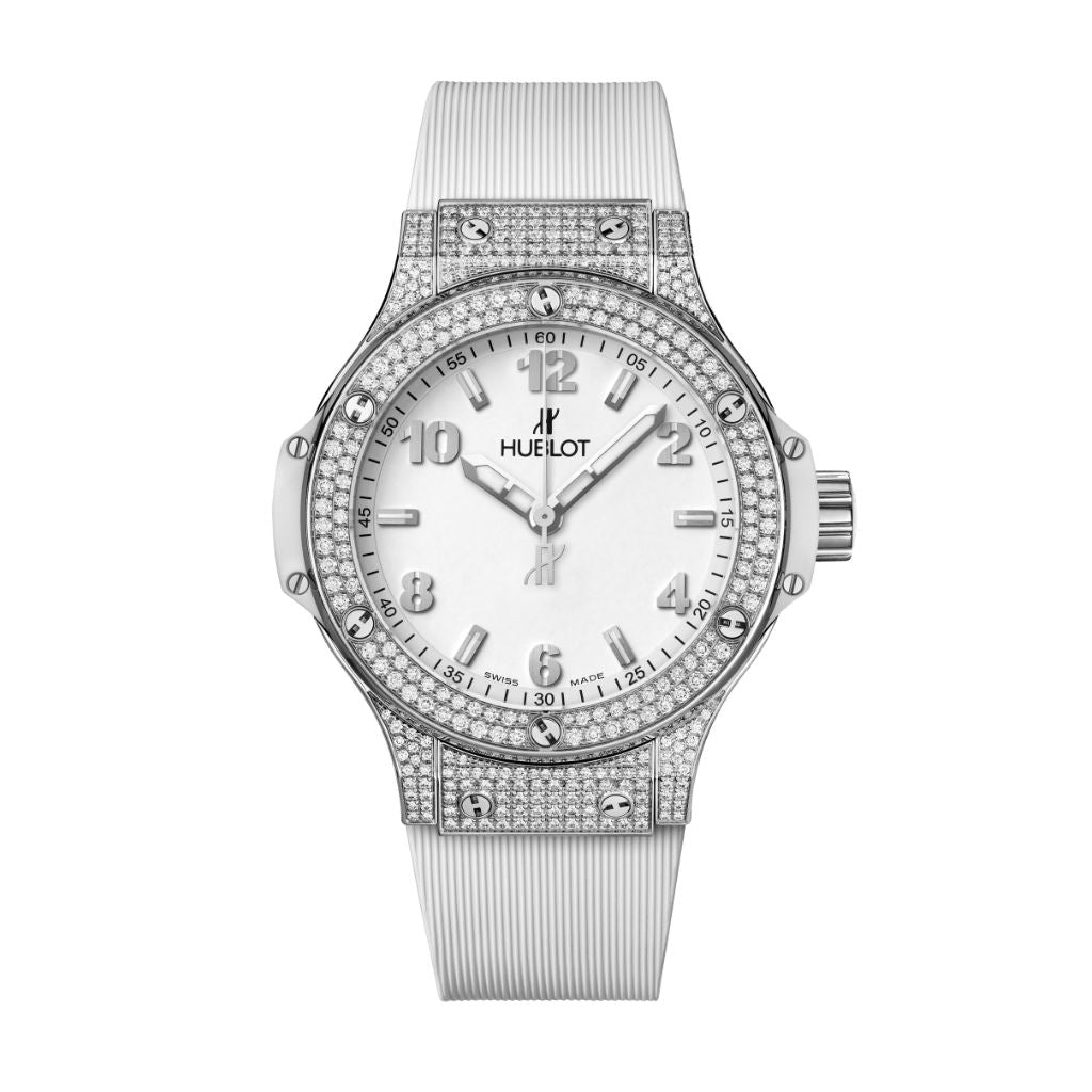 HUBLOT Big Bang Steel White Pavé 38 mm White Dial with Diamonds Polished Stainless Steel Rubber Strap 361.SE.2010.RW.1704