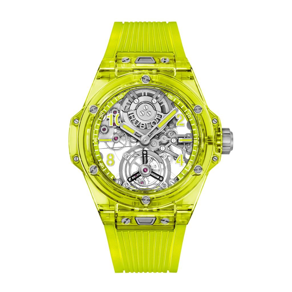 Hublot Big Bang Tourbillon Automatic Yellow Neon Saxem 44 mm Transparent Dial Polished and Microblasted Yellow Neon Saxem Rubber Strap 429.JY.0120.RT