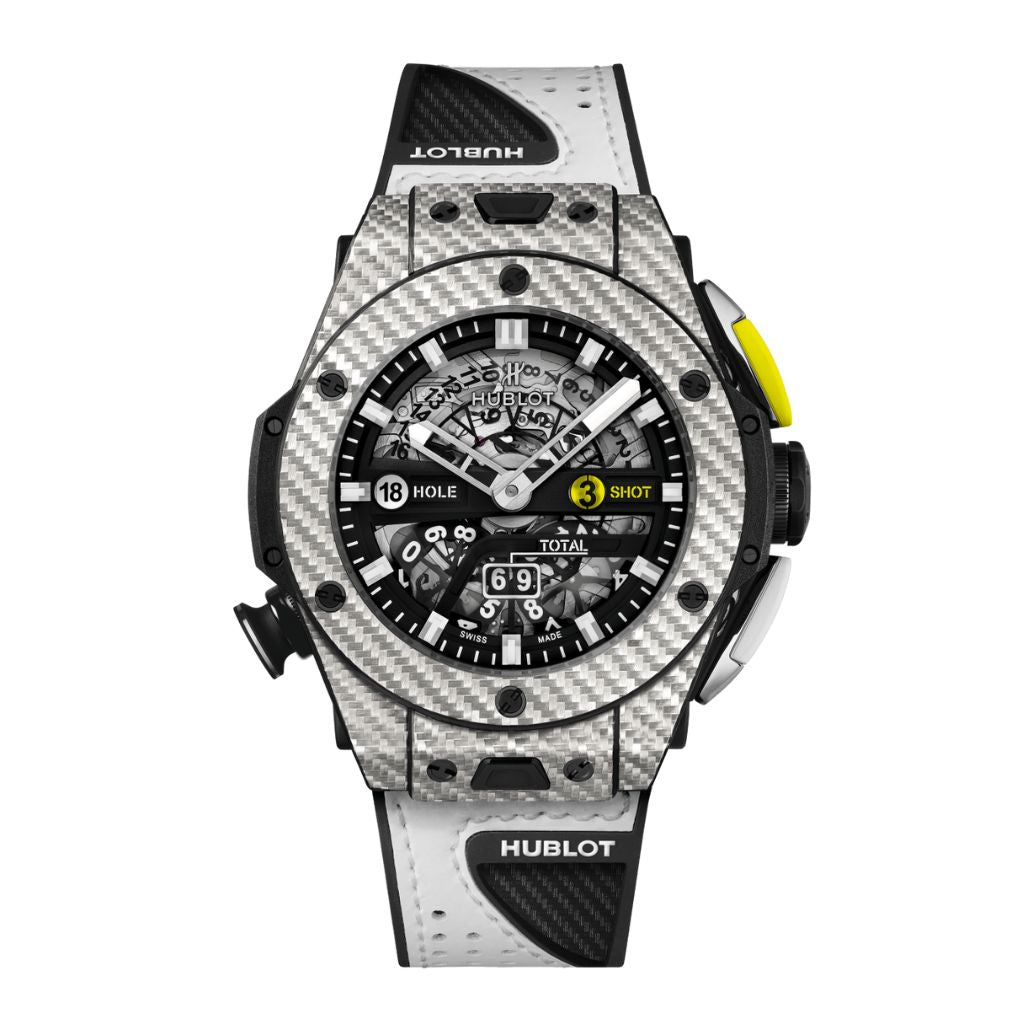 HUBLOT Big Bang Unico Golf 45 mm Black Dial Carbon Fiber and Gray Texalium Rubber with Leather Strap 416.YS.1120.VR