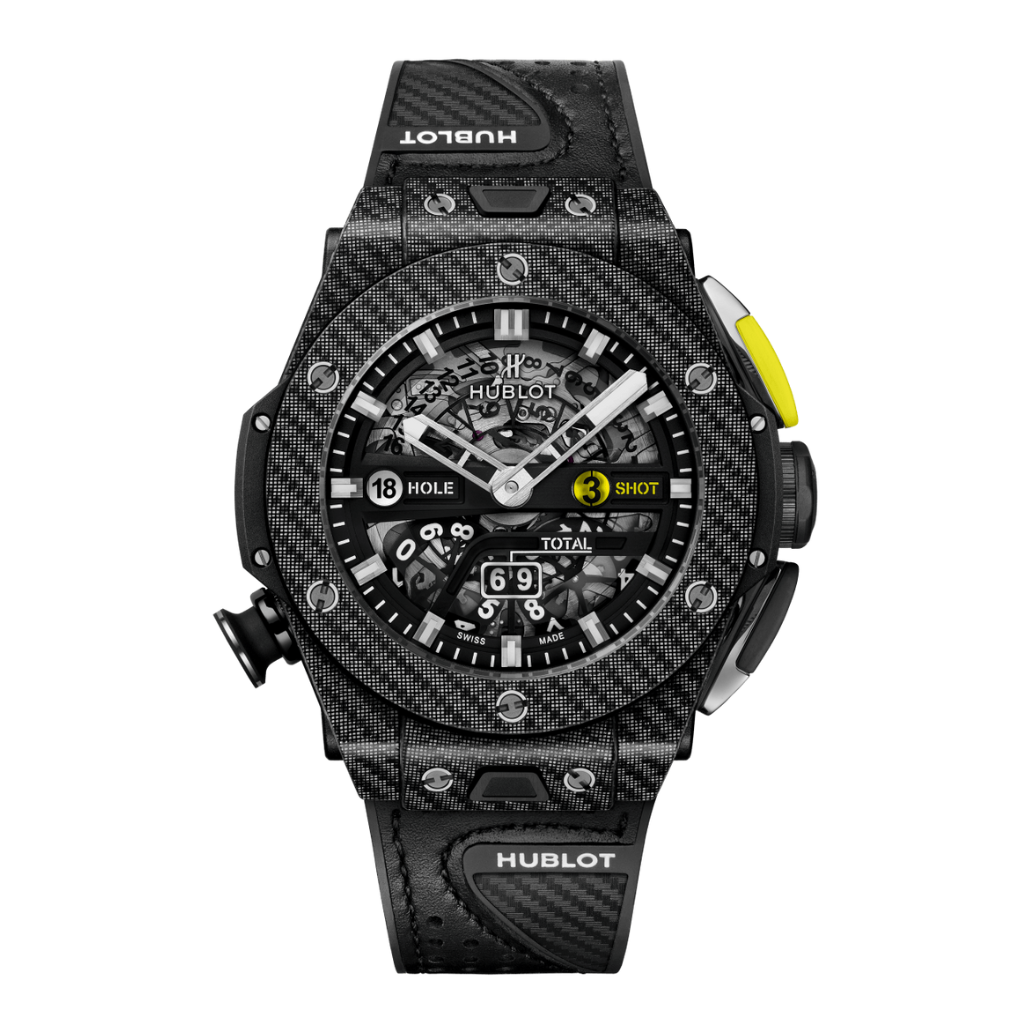 HUBLOT Big Bang Unico Golf Black Carbon 45 mm Transparent Dial Carbon Fiber and Black Texalium® Rubber with Leather Strap 416.YT.1120.VR