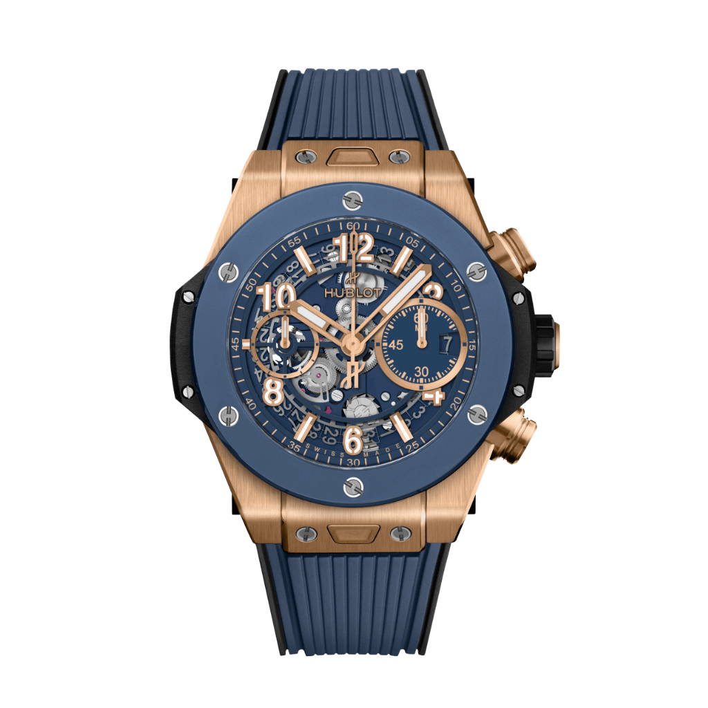 HUBLOT Big Bang Unico King Gold Blue Ceramic 42 mm Transparent Dial Polished 18K King Gold Rubber Strap 441.OL.5181.RX