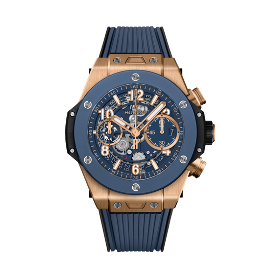 HUBLOT Big Bang Unico King Gold Blue Ceramic 42 mm Transparent Dial Polished 18K King Gold Rubber Strap 441.OL.5181.RX