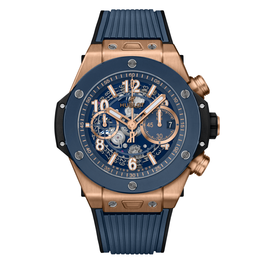 HUBLOT Big Bang Unico King Gold Blue Ceramic 44 mm Transparent Dial Polished 18K King Rubber Strap 421.OL.5180.RX