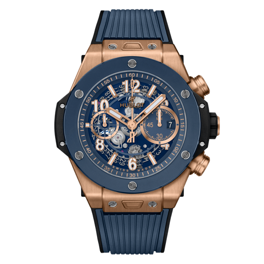 HUBLOT Big Bang Unico King Gold Blue Ceramic 44 mm Transparent Dial Polished 18K King Rubber Strap 421.OL.5180.RX