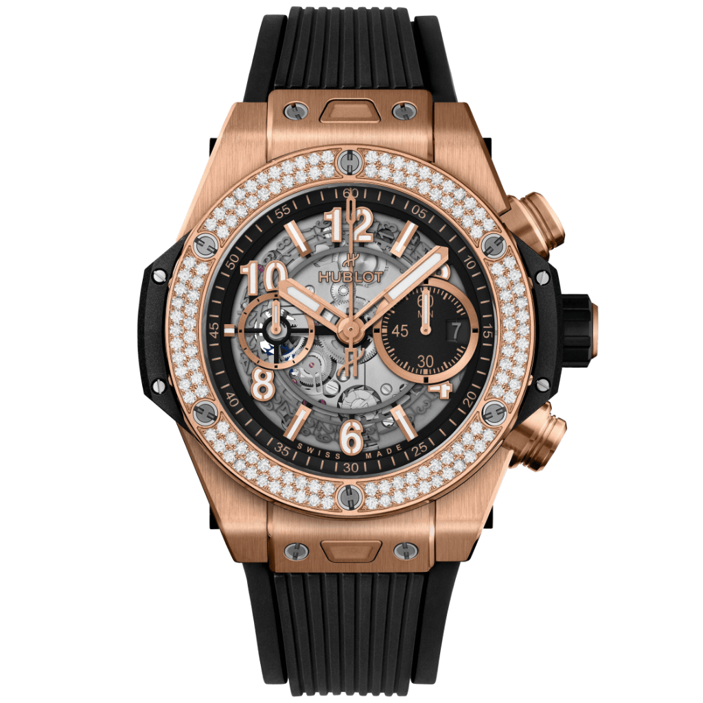 HUBLOT Big Bang Unico King Gold Diamonds 44 mm Transparent Dial Polished 18K King Gold Rubber Strap 421.OX.1180.RX.1104