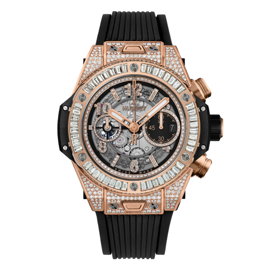 HUBLOT Big Bang Unico King Gold Jewellery 44 mm Transparent Dial with Diamonds Polished 18K White Gold Rubber Strap 421.OX.1180.RX.0904