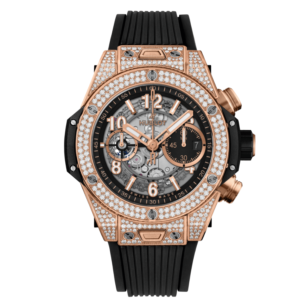 HUBLOT Big Bang Unico King Gold Pavé 44 mm Transparent Dial with Diamonds Polished 18K King Gold Rubber Strap 421.OX.1180.RX.1704