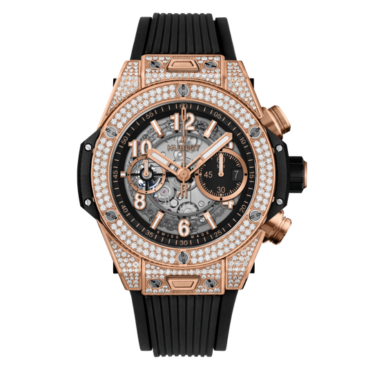 HUBLOT Big Bang Unico King Gold Pavé 44 mm Transparent Dial with Diamonds Polished 18K King Gold Rubber Strap 421.OX.1180.RX.1704