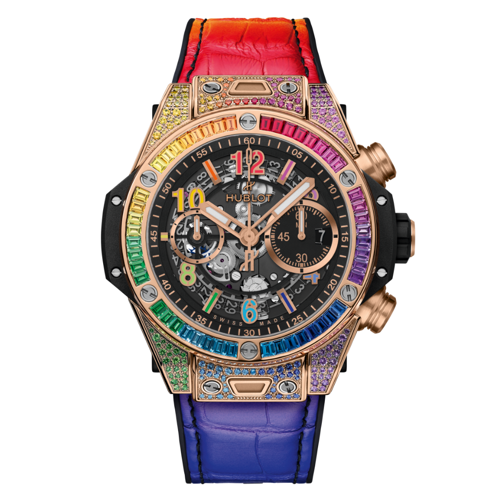 HUBLOT Big Bang Unico King Gold Rainbow 44 mm Transparent Dial with Diamonds Polished 18K King Gold Rubber with Leather Strap 421.OX.1118.LR.0999