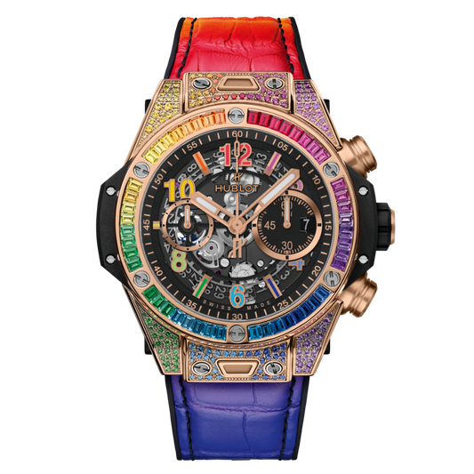 HUBLOT Big Bang Unico King Gold Rainbow 44 mm Transparent Dial with Diamonds Polished 18K King Gold Rubber with Leather Strap 421.OX.1118.LR.0999