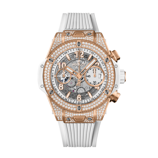 HUBLOT Big Bang Unico King Gold White Pavé 42 mm Transparent Dial with Diamonds Polished 18K King Gold Rubber Strap 441.OE.2011.RW.1704