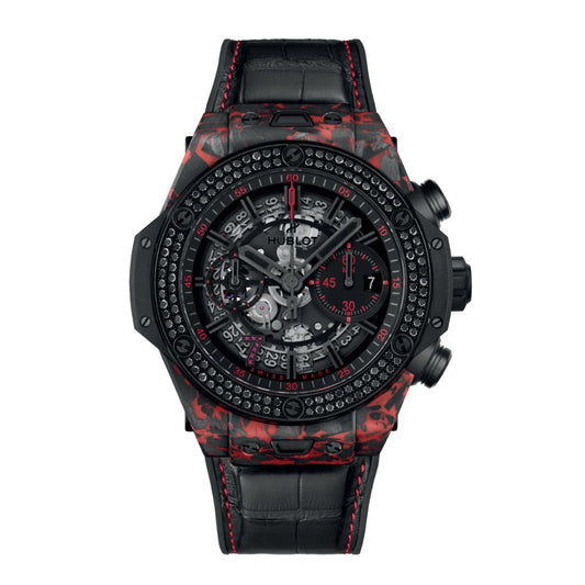 HUBLOT Big Bang Unico Red Carbon Black Diamonds Las Vegas Boutique 44 mm Transparent Dial Matt Red Frosted Carbon   Leather Strap 421.QV.1113.LR.1100.LVB23