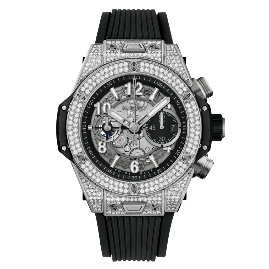HUBLOT Big Bang Unico Titanium Pavé 44 mm Transparent Dial with Diamonds Polished Titanium Rubber Strap 421.NX.1170.RX.1704