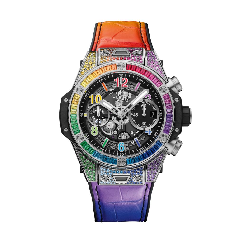 HUBLOT Big Bang Unico Titanium Rainbow 42 mm Transparent Dial with Diamonds Polished Titanium Rubber with Leather Strap 441.NX.1117.LR.0999