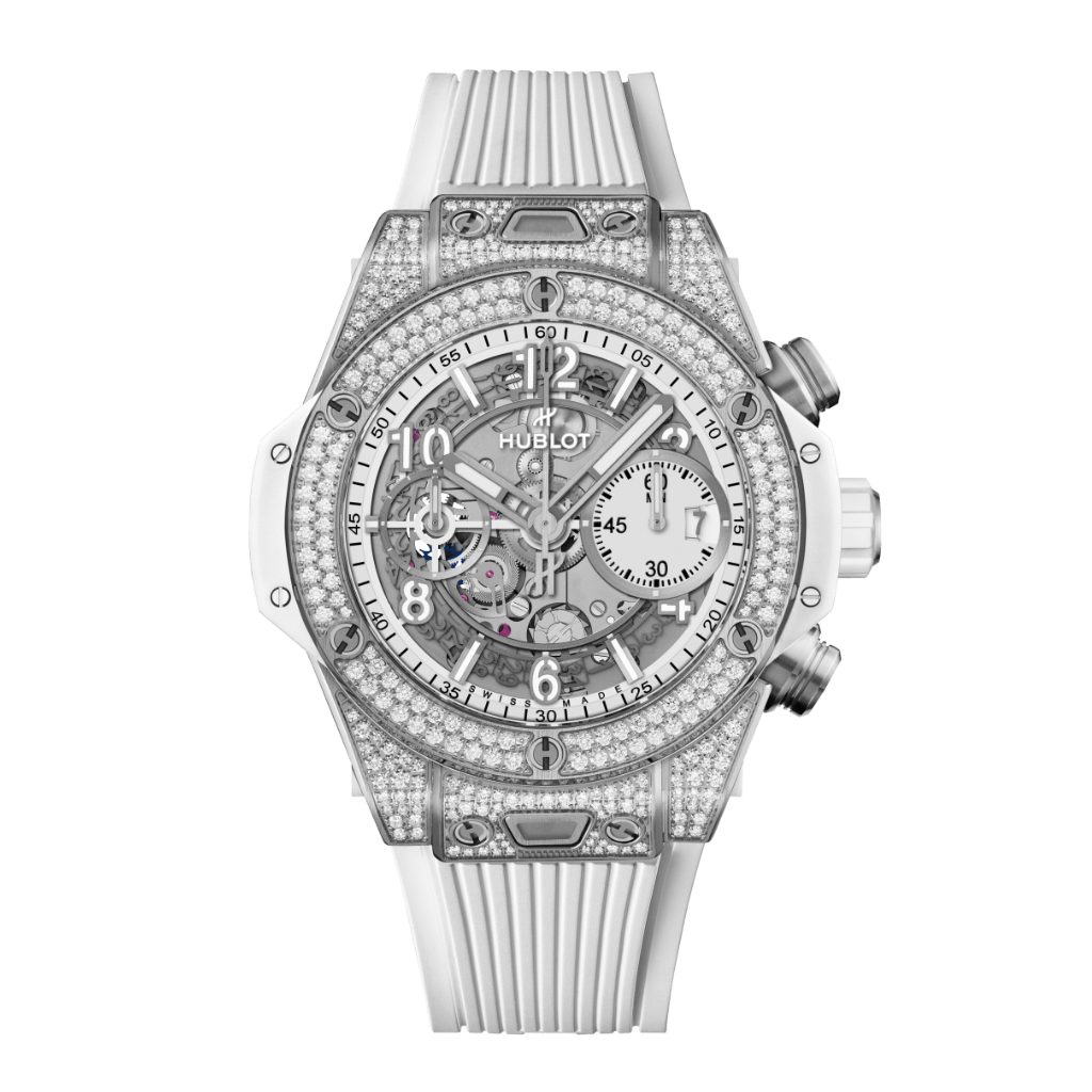 HUBLOT Big Bang Unico Titanium White Pavé 42 mm Transparent Dial with Diamonds Polished Titanium Rubber Strap 441.NE.2011.RW.1704