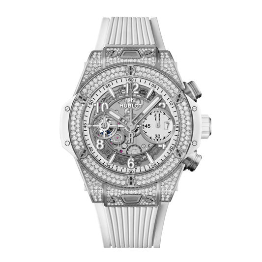 HUBLOT Big Bang Unico Titanium White Pavé 42 mm Transparent Dial with Diamonds Polished Titanium Rubber Strap 441.NE.2011.RW.1704