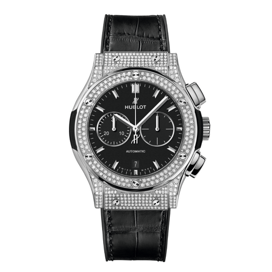 Hublot Classic Fusion Chronograph Titanium Pavé 42 mm Black Dial with Diamonds Polished Titanium   Leather Strap 541.NX.1171.LR.1704