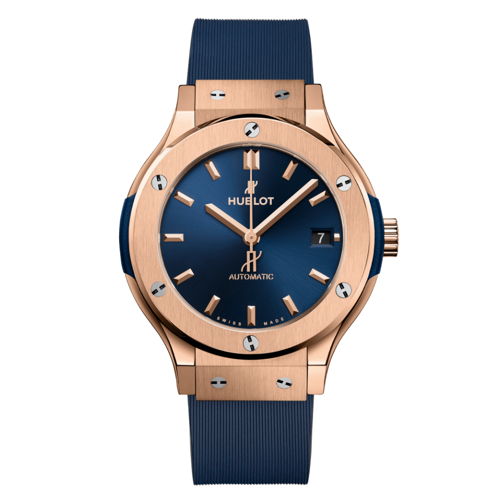 Hublot Classic Fusion King Gold Blue 38 mm Blue Dial Polished 18K King Gold Rubber Strap 565.OX.7180.RX