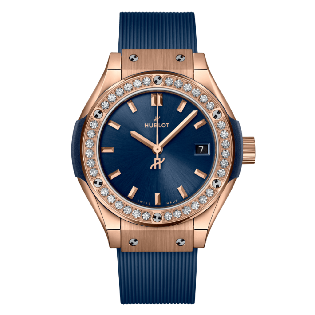 HUBLOT Classic Fusion King Gold Blue Diamonds 29 mm Blue Dial Polished 18K King Gold Rubber Strap 591.OX.7180.RX.1204