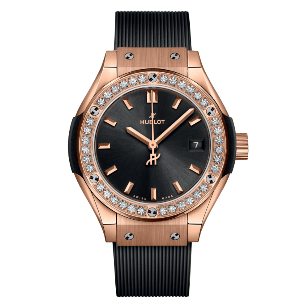 HUBLOT Classic Fusion King Gold Diamonds 29 mm Black Dial Polished 18K King Gold Rubber Strap 591.OX.1480.RX.1204