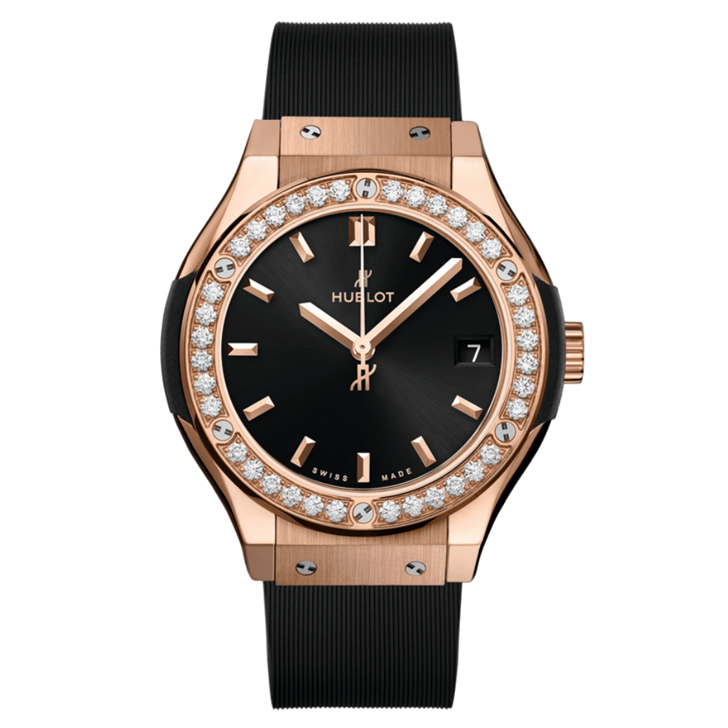 Hublot Classic Fusion King Gold Diamonds 33 mm Black Dial with Diamonds Polished 18K King Gold Rubber Strap 581.OX.1480.RX.1104