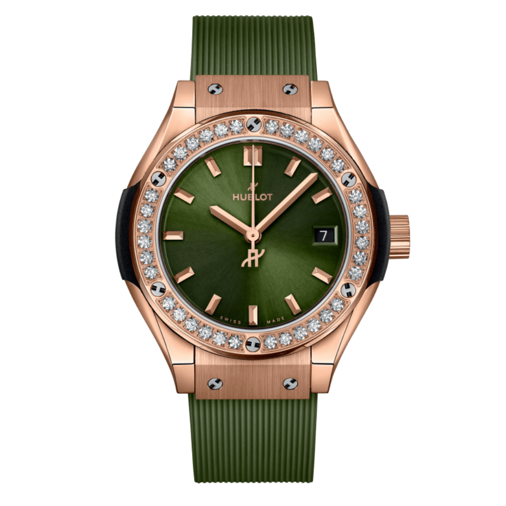 HUBLOT Classic Fusion King Gold Green Diamonds 29 mm Green Dial Polished 18K King Gold Rubber Strap 591.OX.8980.RX.1204
